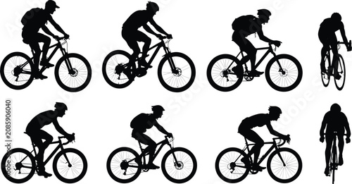 Bild auf Leinwand Silhouettes of Cyclists in Various Poses and Styles on WhiteBackground illustrat