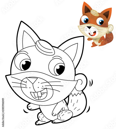 cartoon scene with cheerful squirrel holding mushroom forest animal on white background coloring page illustration for kids