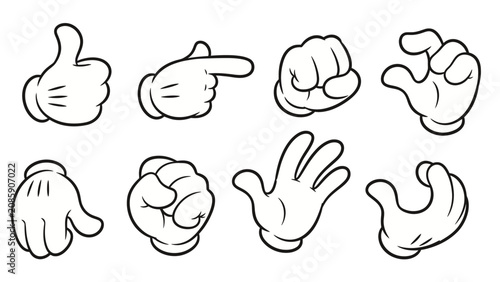 Expressive Cartoon Hand Gestures Collection Including Thumbs Up and Pointing on Isolated White Background