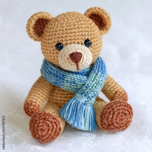 Soft handmade crochet bear crafted with detailed yarn texture, ideal for nursery decor, DIY projects, and amigurumi lovers seeking high-quality stock imagery.