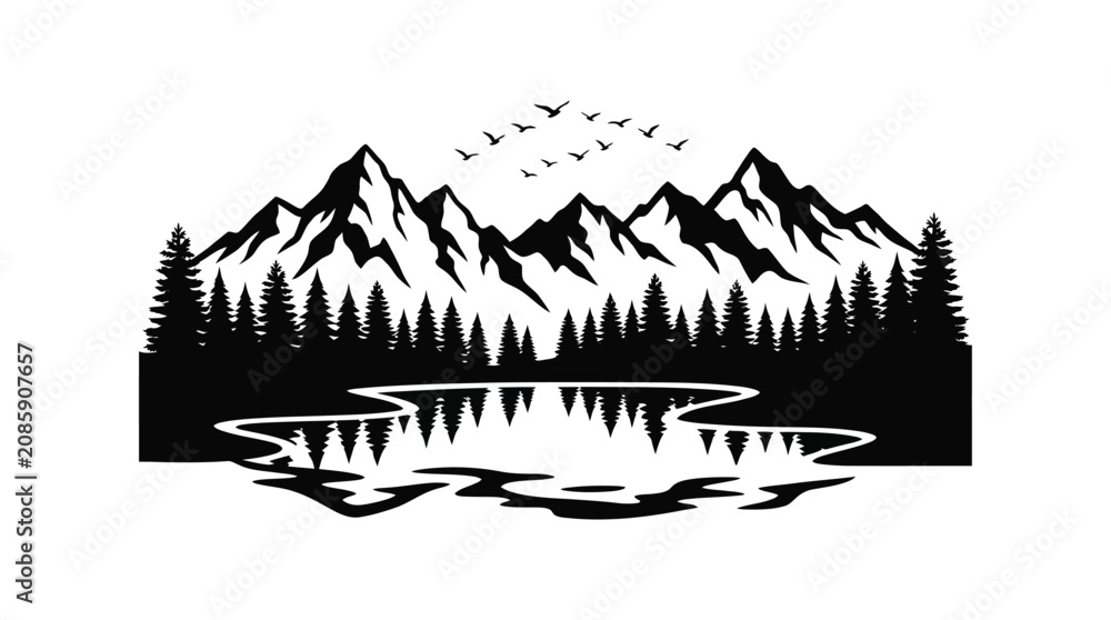 Fototapeta premium Mountain Range With Forest And Birds Black Silhouette