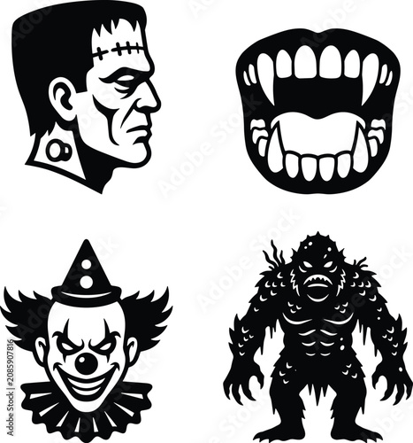 Foto Black Silhouette Horror Icons Featuring Frankenstein, Vampire Fangs, Evil Clown