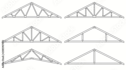 Comprehensive Set of Detailed Roof Truss Design Types and Architectural Structures Outline on Isolated White Background