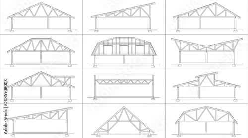 Assorted Roof Truss and Framing Architectural Designs Displaying Building Structural Elements on an Isolated White Background