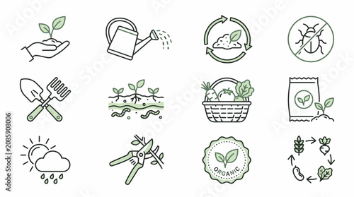Comprehensive Set of Green Organic Gardening and Farming Icons Representing Sustainable Agriculture on an Isolated White Background