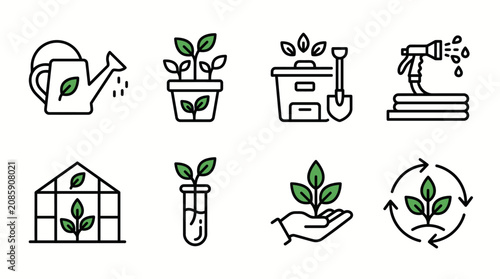 Essential Green Gardening and Plant Care Icons Illustrating Cultivation and Environmental Concepts on an Isolated White Background