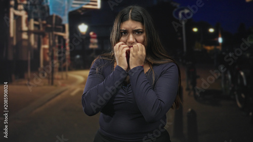 Fotografía Woman biting fingernails with hands to mouth, fearful expression on dim urban street at night; anxiety vulnerability isolation