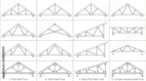 Various Steel Roof Truss Types Depicting Structural Designs on an Isolated White Background