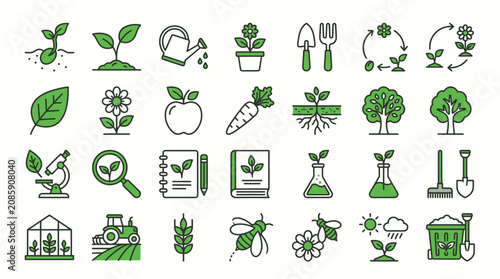 Diverse Set of Green Gardening, Nature, and Agriculture Research Icons Representing Botanical Concepts on an Isolated White Background