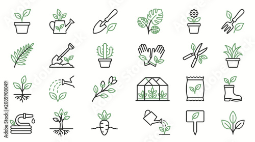 Diverse Green Gardening and Nature Icons Representing Horticulture and Plant Care on an Isolated White Background