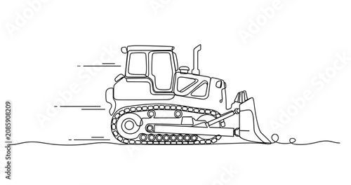 Line art illustration of bulldozer side view with motion lines. Non editable stroke