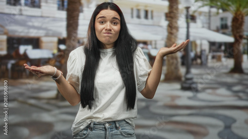 Konstfotografi Woman shrugging with palms raised in white t shirt and jeans on a street plaza near an outdoor cafe, hesitant facial expression; uncertainty
