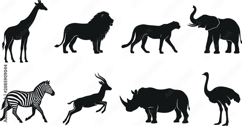 Obraz premium African Safari Animal Silhouette Set with Lion, Elephant, Giraffe, Zebra, Cheetah, and Rhino Icons for Nature and Wildlife Designs