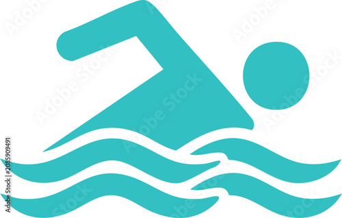 Teal swimming with stylized waves on a plain white background