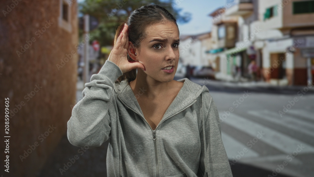 Fototapeta premium Woman cups ear with hand on city street crosswalk, straining to hear traffic and distant voices; confusion.