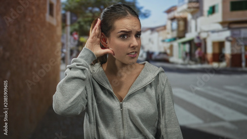 Schilderij op canvas Woman cups ear with hand on city street crosswalk, straining to hear traffic and distant voices; confusion