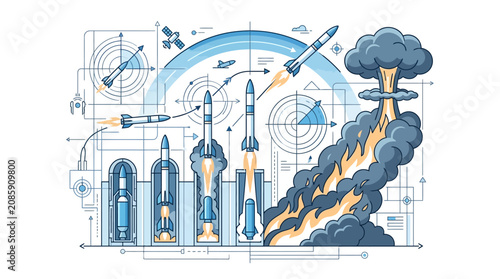 Rockets launching into space with smoke and flames illustration