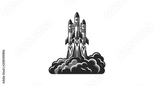 Rockets launching into space with smoke and flames erupting below