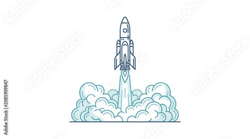 A rocket ship blasts off into the sky with smoke and flames.