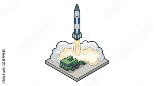 Rocket launch from a military truck on a platform with smoke
