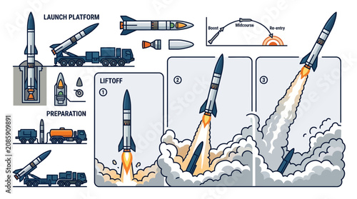 Rocket Launch Sequence Illustration with Spacecraft Liftoff and Uplift
