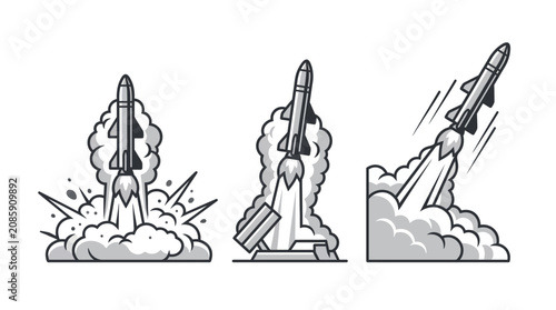 Rockets launch into space with smoke and flames on a launchpad