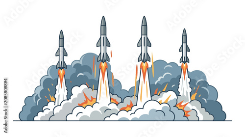 Rockets blast off into space with flames and smoke rising
