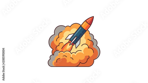 Rocket Ship Blasts Off into Sky with Flames and Smoke