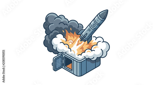 A missile emerges from a bunker amidst a fiery explosion and smoke.