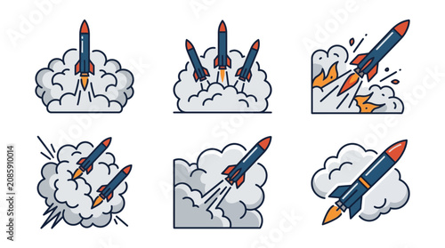 Rockets launch into space with flames and smoke effects