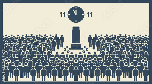 Foto Crowd Gathering Around Clock Tower, Time Management Concept, Business Meeting