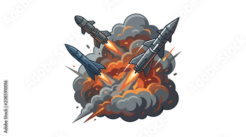 Rockets launch into flames amidst explosive clouds in a chaotic scene