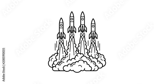 Rockets launch simultaneously into clear sky with smoke and flames