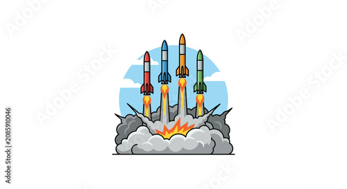 Rockets launch into blue sky from explosion