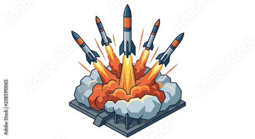 Rockets launch into space with flames and smoke on a launchpad