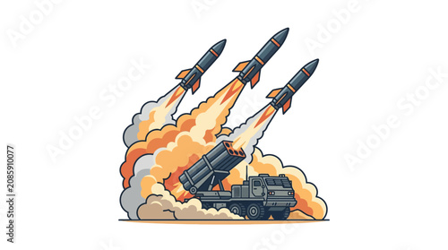 Military missiles launching from a tank in a war zone creating smoke