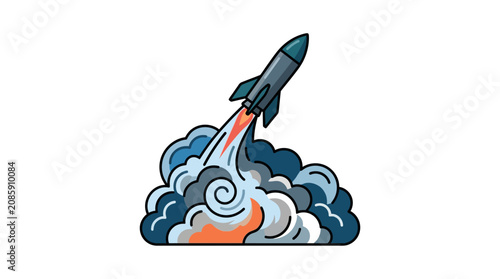 Rocket Ship Launching into Cloudy Sky with Orange Flames Emerging