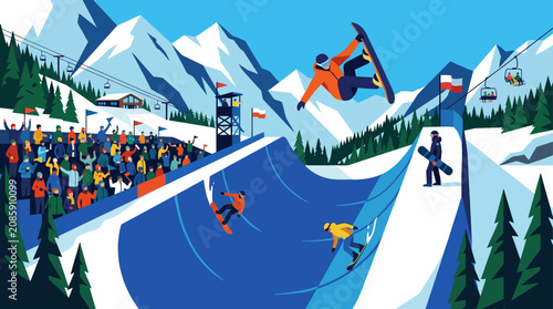 Foto Snowboarder Jumps Big Air Ramp Extreme Winter Sports Competition Crowd Watching