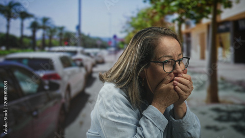 Φωτογραφία Senior woman with glasses and hands over mouth on an urban street beside parked cars and palm trees; grief shock