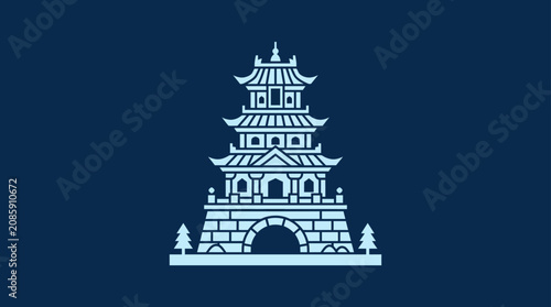 Quadro su tela Traditional East Asian Pagoda Tower Icon on Dark Blue Background
