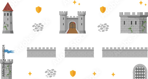 Medieval Stone Castle and Fortress Vector Element Set Featuring Towers Defending Walls Wooden Gate Portcullis Shield Icons and Flag for Strategy Game Design