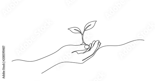 Minimalist line drawing of a hand holding a growing seedling. no editable stroke