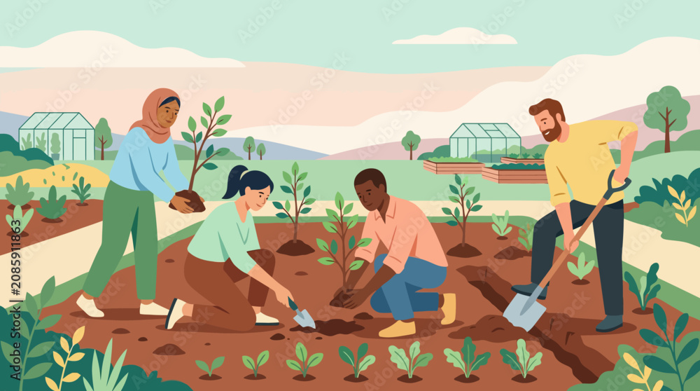 Fototapeta premium Diverse community group gardening together in large field.