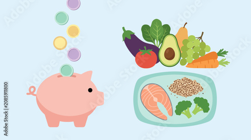 Billede på lærred Piggy bank saving money for healthy fresh food groceries.