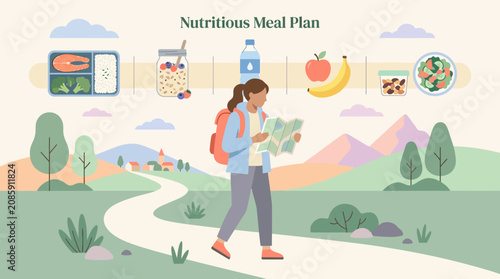 Принти на полотні Woman hiking outdoors with nutritious meal plan icons.