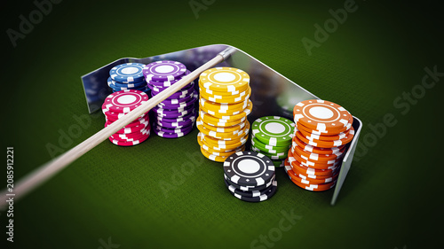 Casino chips standing on green cloth. 3D illustration