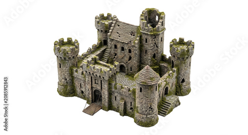 Fotografie Detailed miniature model of a weathered stone medieval castle with mossy rampart