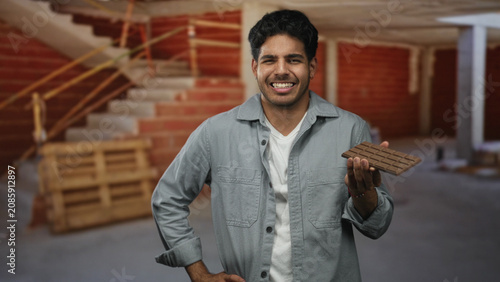 Obraz na płótnie Man holding a chocolate bar in his hand, smiling and looking down inside a building under construction with pallets and stairs; joy