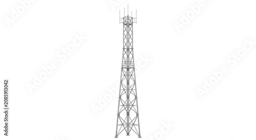Foto Tall telecommunications tower with antennas against a white background
