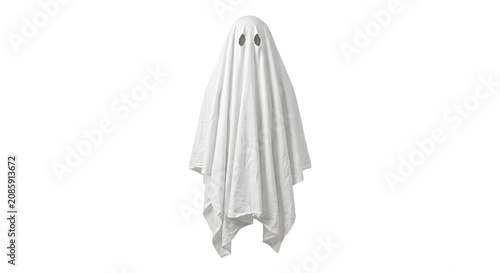 Fotografía A classic white sheet ghost costume with two eye holes, isolated on white